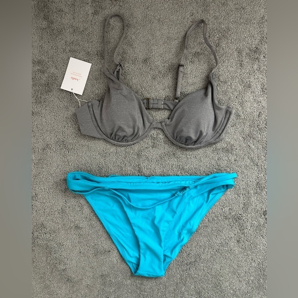Andie Swim Bikini Sicily Top Silver and Riviera Bikini Bottom Blue Size Medium